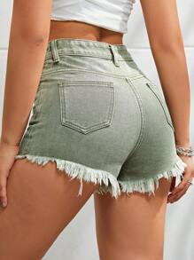 Thêu hoa Quần short denim với các đường viền thô rách - xanh quân đội - Xem 3