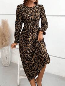 SHEIN VCAY Leopard Print Split Thigh Dress - Brown - View 6