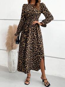 SHEIN VCAY Leopard Print Split Thigh Dress - Brown - View 2