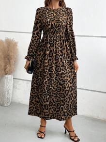 SHEIN VCAY Leopard Print Split Thigh Dress - Brown - View 1