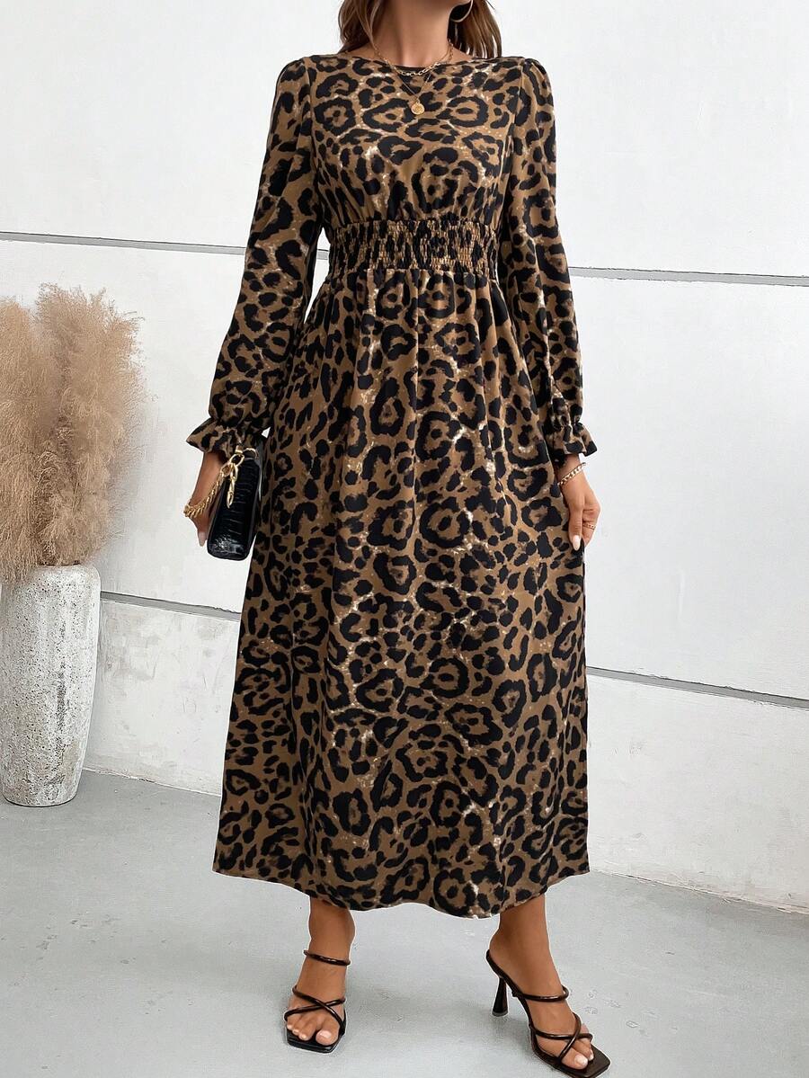 SHEIN VCAY Leopard Print Split Thigh Dress - Brown - View 1