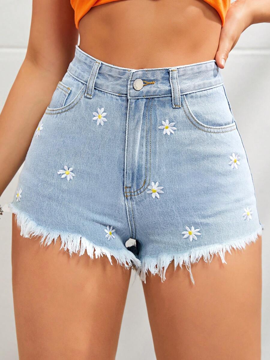 Floral Embroidery Raw Hem Denim Shorts - Light Wash - View 1