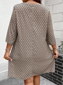 Plus Allover Print Roll Tab Sleeve Tunic Dress - Brown - View 2