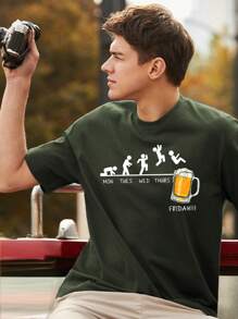 男士字母人物圖案T恤 - 軍綠色 - 查看 3