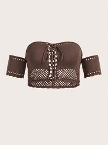 ROMWE Goth Plus Lace Up Front Crop Knit Top - Coffee Brown - View 2