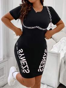 Flirla 大碼字母圖案緊身洋裝 - 黑色 - 查看 3