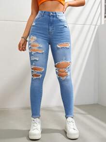 破洞緊身牛仔褲 - 中等水洗藍 - 查看 5