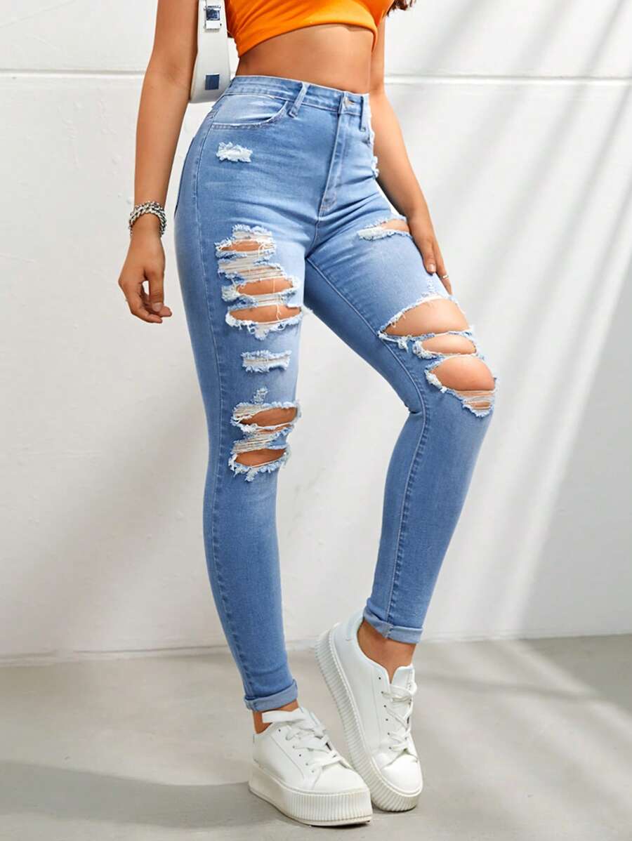 破洞緊身牛仔褲 - 中等水洗藍 - 查看 1