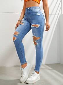 破洞緊身牛仔褲 - 中等水洗藍 - 查看 6