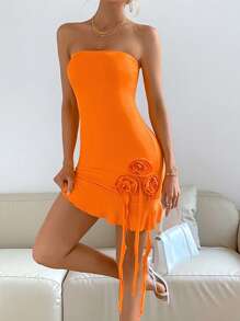 SHEIN Privé Đồ trang trí hoa Xù Hoa Sen Váy ống - trái cam - Xem 5