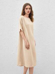 Ocili 女士純色蝙蝠袖及膝家居連身裙 - 卡其色 - 查看 4