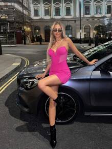 SHEIN ICON Chất rắn Bustier Đầm bó sát ống - Màu Hồng Tươi - Xem 5