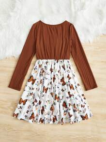 SHEIN Tween Girl Knitted Solid Color Ribbed Paneled Butterfly Printed Decorated Button Square Neck Dress - Multicolor - View 2