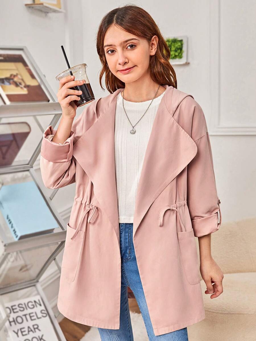 SHEIN Teen Girl Roll Tab Sleeve Drawstring Waist Hooded Coat - Coral Pink - View 1