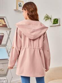 SHEIN Teen Girl Roll Tab Sleeve Drawstring Waist Hooded Coat - Coral Pink - View 2