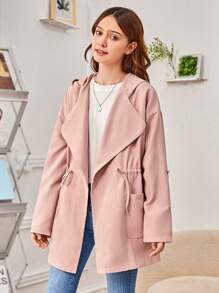 SHEIN Teen Girl Roll Tab Sleeve Drawstring Waist Hooded Coat - Coral Pink - View 4