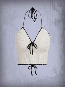 ROMWE Goth Contrast Binding Tie Front Halter Knit Top - White - View 1