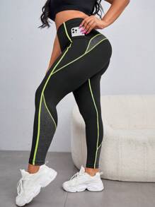 Exploreva Hơn Contrast Piping Thắt lưng rộng Quần Xà cạp thể thao Có túi điện thoại - màu xanh lá - Xem 3