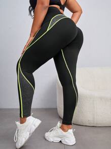 Exploreva Hơn Contrast Piping Thắt lưng rộng Quần Xà cạp thể thao Có túi điện thoại - màu xanh lá - Xem 5