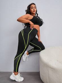 Exploreva Hơn Contrast Piping Thắt lưng rộng Quần Xà cạp thể thao Có túi điện thoại - màu xanh lá - Xem 7