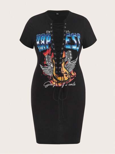 SHEIN EZwear 大碼翅膀&標語圖案前繫帶緊身連衣裙