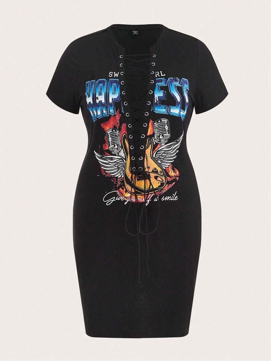 SHEIN EZwear Plus Wings & Slogan Graphic Lace Up Front Bodycon Dress - Black - View 1