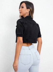 Flap Detail Crop Denim Jacket - Black - View 3