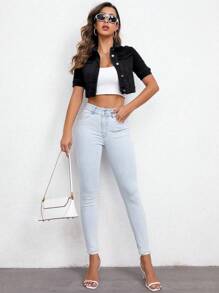 Flap Detail Crop Denim Jacket - Black - View 4