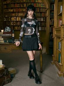 ROMWE Academia 太陽月亮圖案網紗上衣 - 黑色 - 查看 2