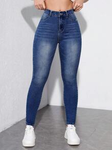 斜口袋緊身牛仔褲