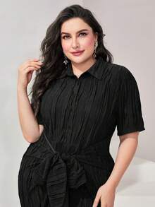 Modelyn Plus Tie Front Shirt Dress - Black - View 3