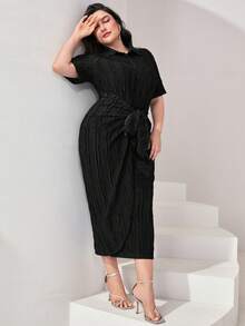 Modelyn Plus Tie Front Shirt Dress - Black - View 5