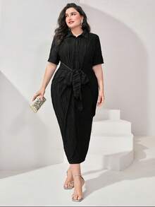 Modelyn Plus Tie Front Shirt Dress - Black - View 7