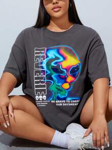 SHEIN Coolane Áo thun hở vai họa tiết hoạt hình & khẩu hiệu cỡ lớn - Màu xám đen - Xem 5