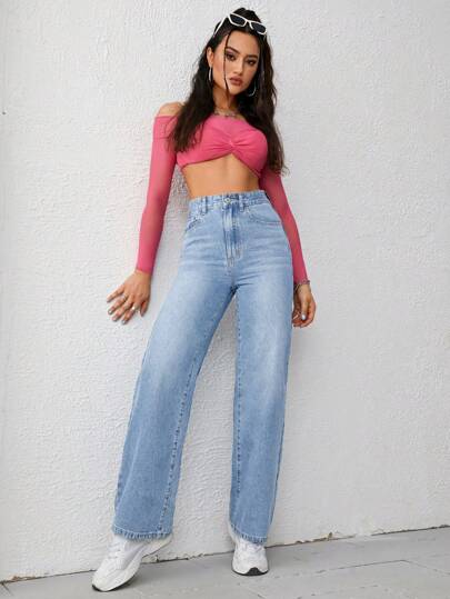 Schrägtaschen Straight Leg Jeans, Damen Lässig Button, Tasche, Reißverschluss High Waist Straight Leg Lang Hellwäsche Regular Fit Damen Jeans, Frühling/Herbst, Lässig Alltags Tragen