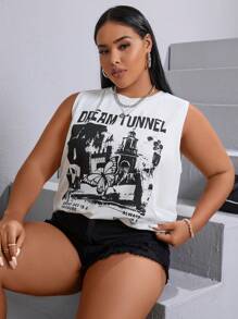 SHEIN EZwear Top de tirantes con gráfico de mariposa y eslogan "TÚNEL DE SUEÑO, CADA DÍA ESTÁ DE BUEN HUMOR" para tallas grandes, para verano - Blanco - Ver 6