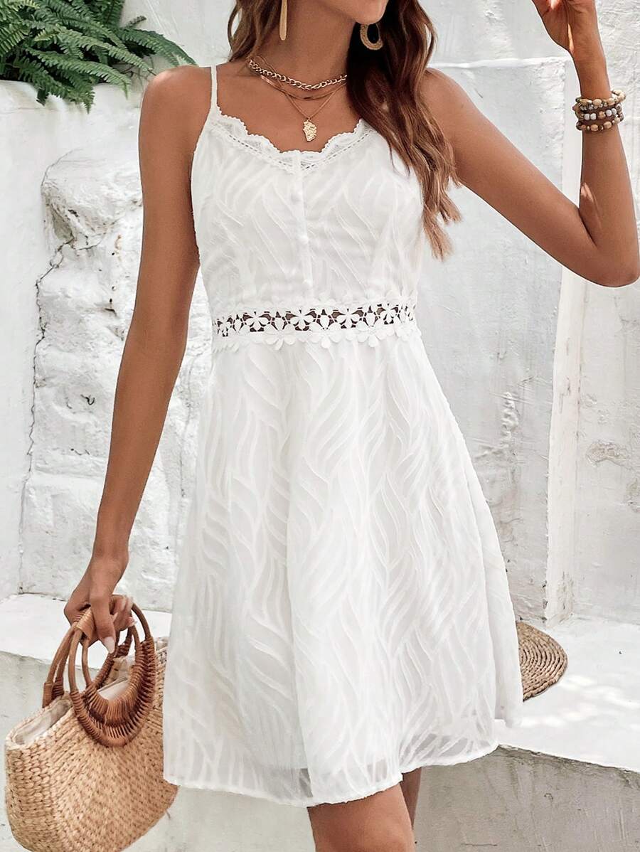SHEIN Frenchy Chất rắn Ren tương phản Váy Dây - trắng - Xem 1
