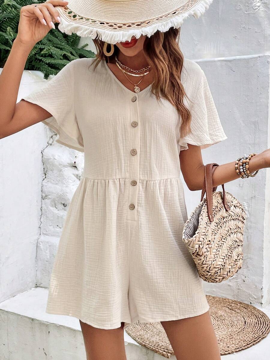 SHEIN Frenchy Mono de manga mariposa con botón delantero - Albaricoque - Ver 1