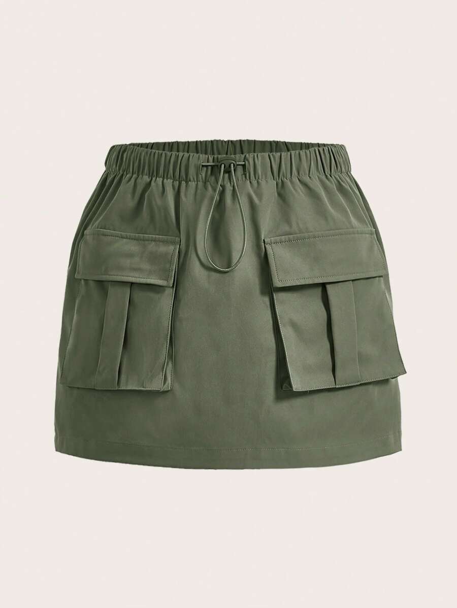 SHEIN EZwear Solid Color Flap Pocket Drawstring Waist Cargo Skirt