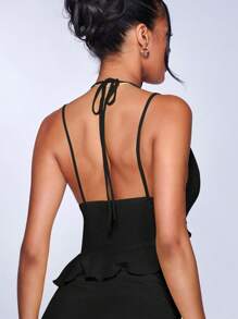SHEIN BAE 素色不對稱荷葉邊吊帶上衣 - 黑色 - 查看 2