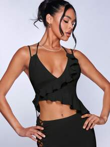 SHEIN BAE 素色不對稱荷葉邊吊帶上衣 - 黑色 - 查看 3