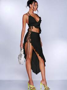 SHEIN BAE 素色不對稱荷葉邊吊帶上衣 - 黑色 - 查看 4