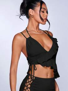 SHEIN BAE 素色不對稱荷葉邊吊帶上衣 - 黑色 - 查看 5