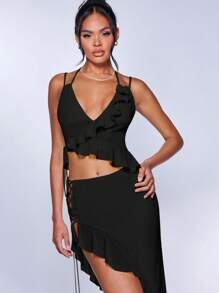 SHEIN BAE 素色不對稱荷葉邊吊帶上衣 - 黑色 - 查看 6