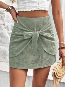 SHEIN Frenchy Tie Front Solid Skirt - Green - View 1