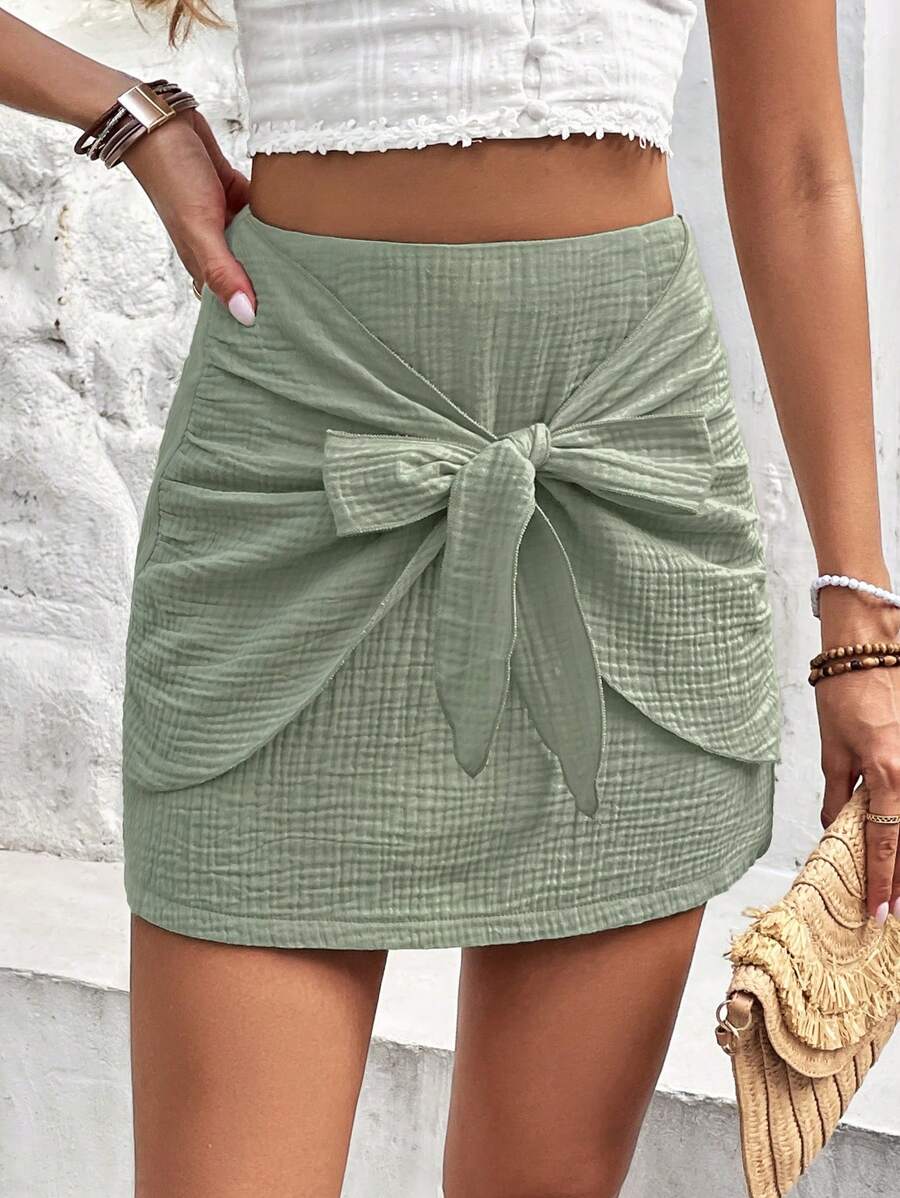 SHEIN Frenchy Tie Front Solid Skirt - Green - View 1