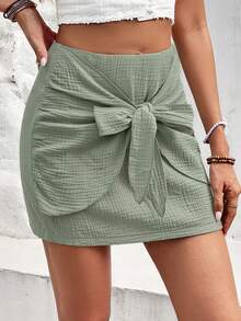 SHEIN Frenchy Tie Front Solid Skirt - Green - View 3