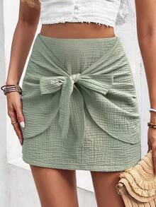 SHEIN Frenchy Tie Front Solid Skirt - Green - View 4