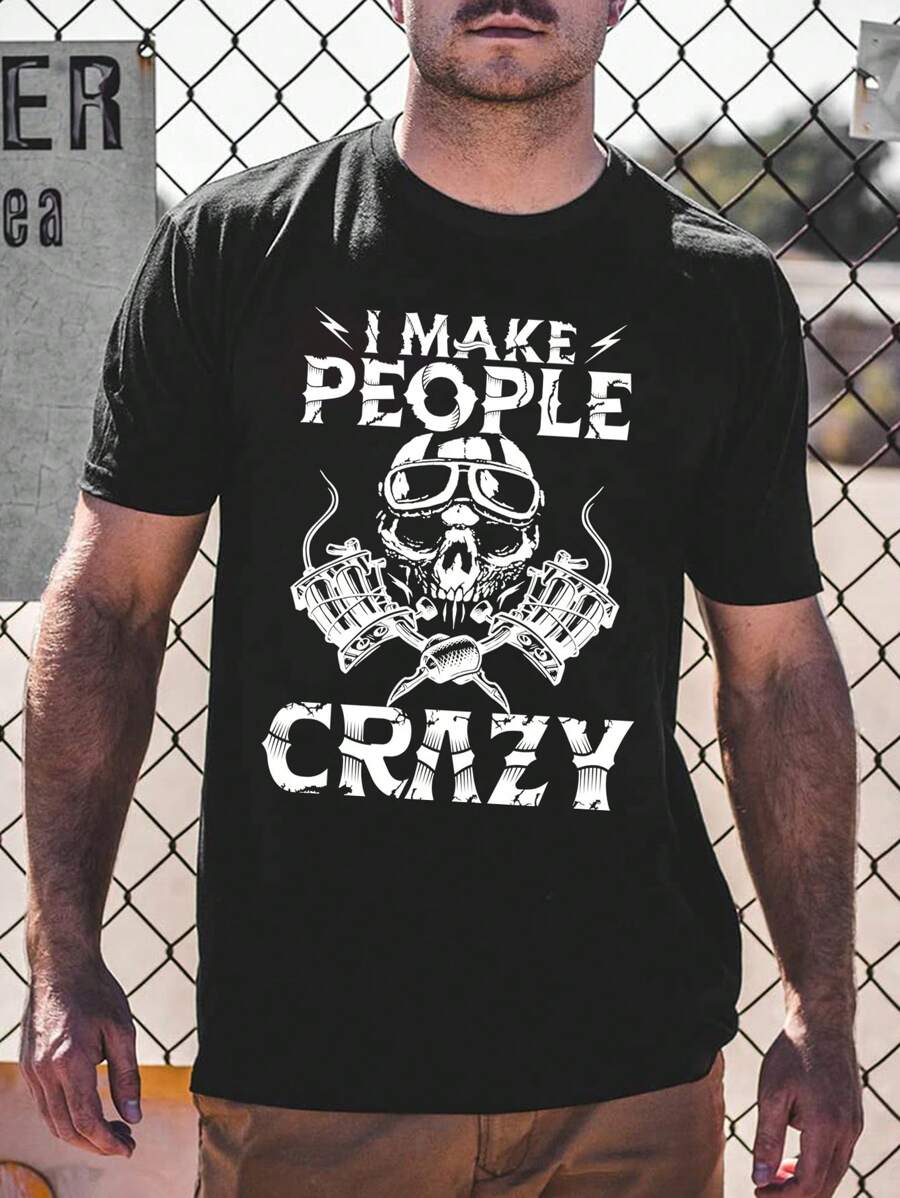Camiseta gráfica con calavera y eslogan para hombres, para Halloween - Negro - Ver 1