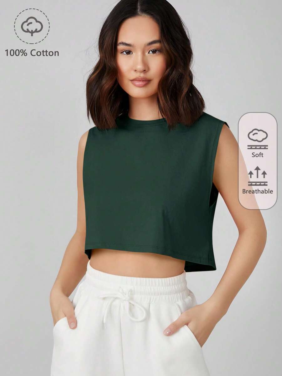 SHEIN BASICS Women Minimalist Solid Color Sleeveless Knitting Top - Dark Green - View 1